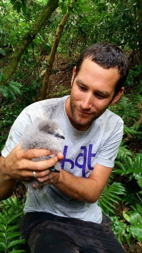 Toby Shanley with seabird chick on Raoul Island. 