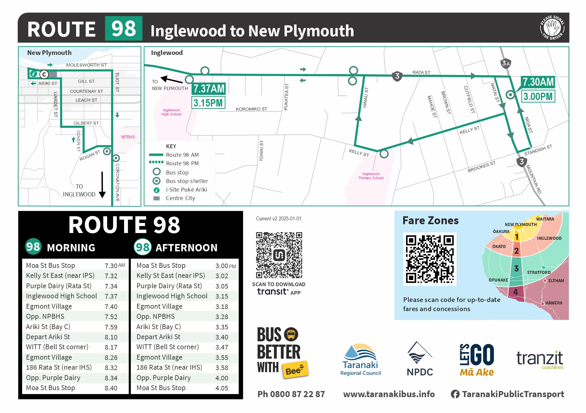 R98 Inglewood to New Plymouth Timetable Jan 2025 JPG