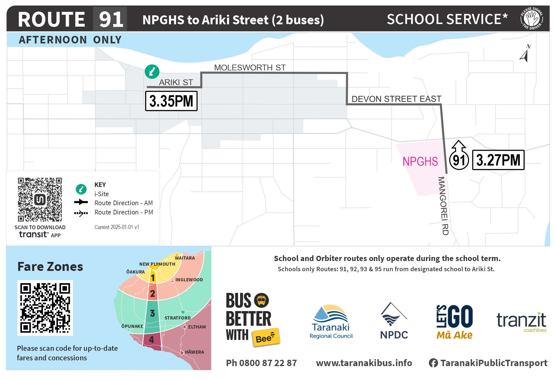 Schoolbus R91 NPGHS to Ariki Street Timetable Jan 2025 JPG