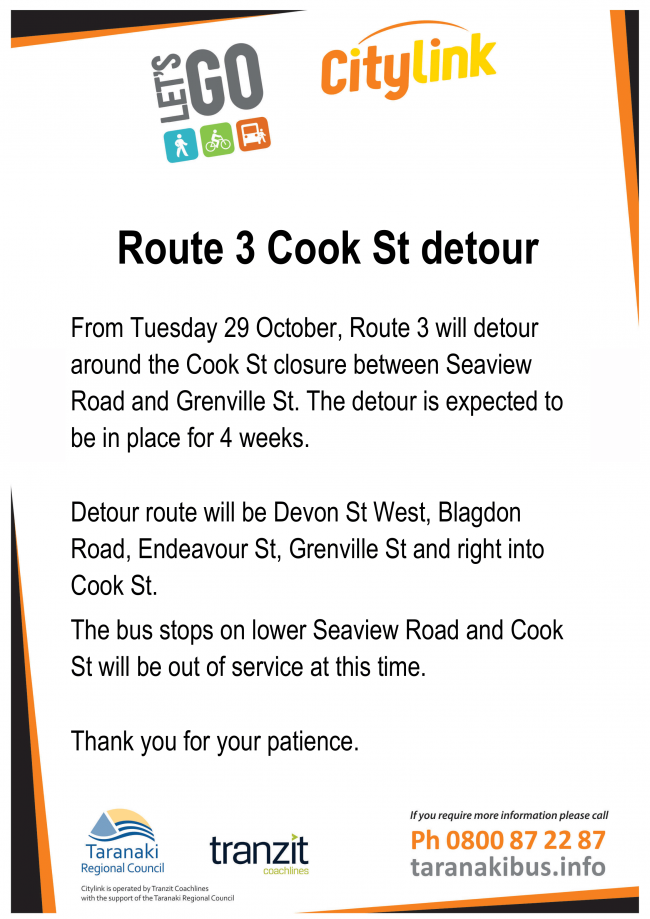 Route 3 Cook St detour - From 29 October 2019