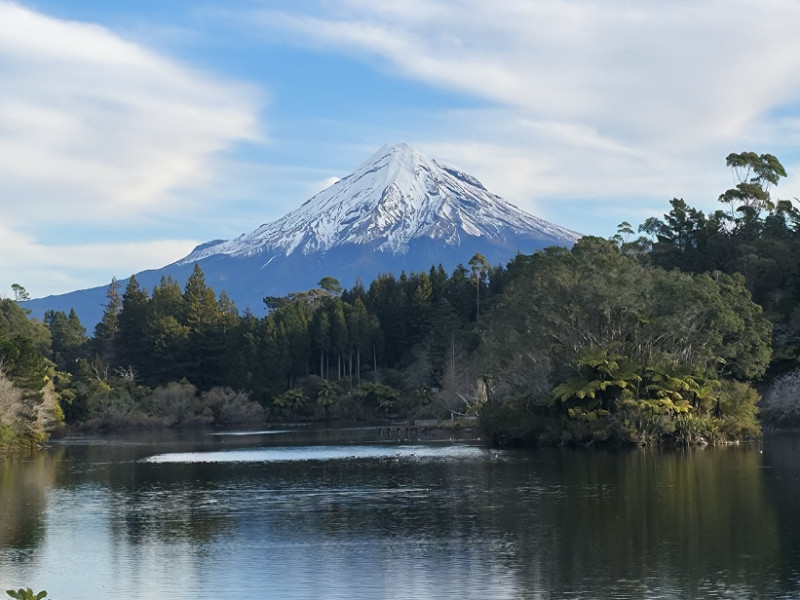 August 2025 Climate Summary Website photo Taranaki Maunga from Lake Mangamahoe 2025 08 27